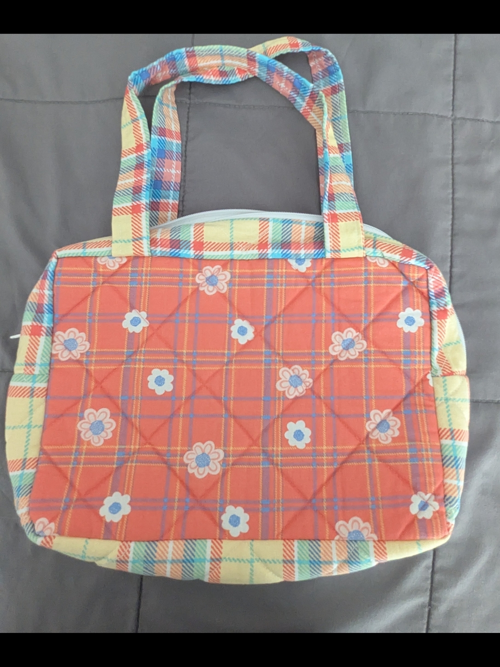 Quilted Floral Plaid Tote Bag in Orange and Pastel